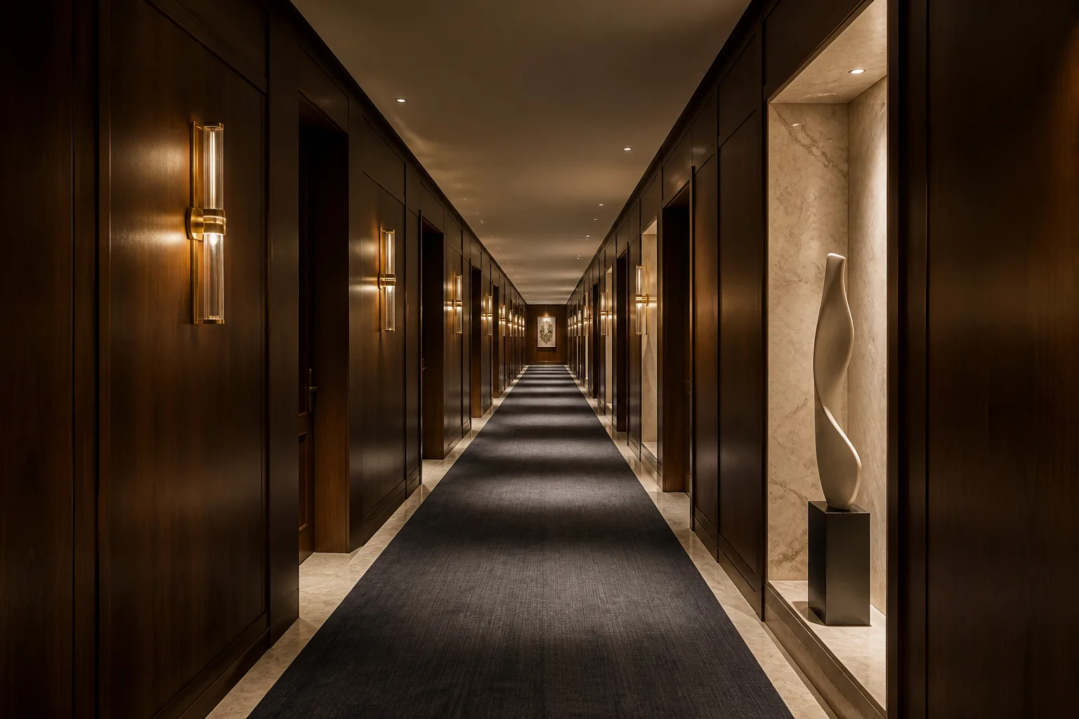 Quiet luxury hotel corridor with brass sconces
